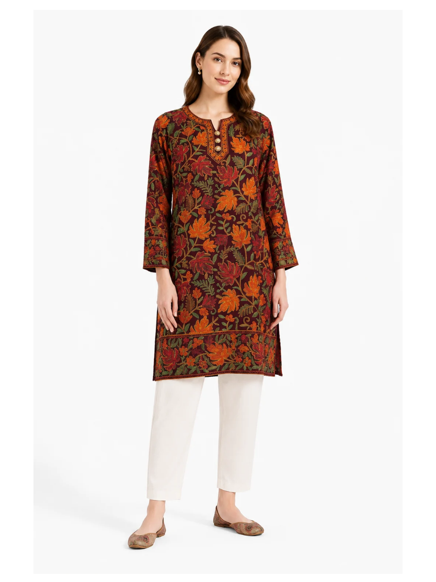 Noor : chinar embroidery summer kurti | Dark Red Georgette 